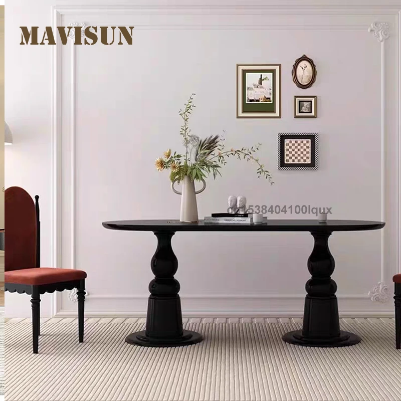 

Vintage Minimalist Unique Pedestal Base Design Sturdy Foundation Solid Wood Frame Oval Dining Room Elegant Black Dining Table