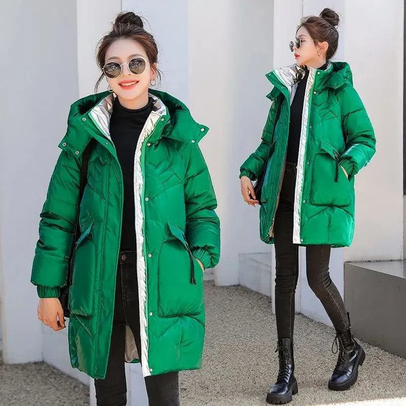 2022 Fashion New Bright Fabric Thick Warm Winter Jackets Women\'s Cotton Padded Coats Mid-Length Women Parkas Female Outerwear