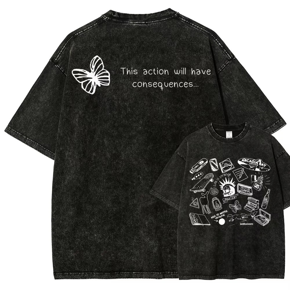 Life is Strange Washed New Model T-shirt Oversized Unisex Couples Streetwear Trendy personality Clothes Vintage Loose Classic