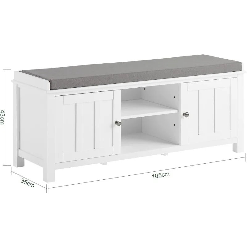 White Storage Bench with 2 Doors, Adjustable Shelf & Removable Seat Cushion, Modern Design Shoe Cabinet