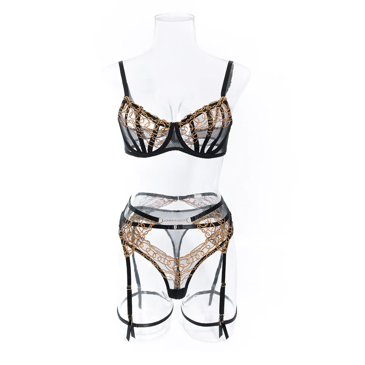 New sexy embroidery chain perspective Russian new sexy navel sexy underwear 3-piece set gathering bra transparent underwear