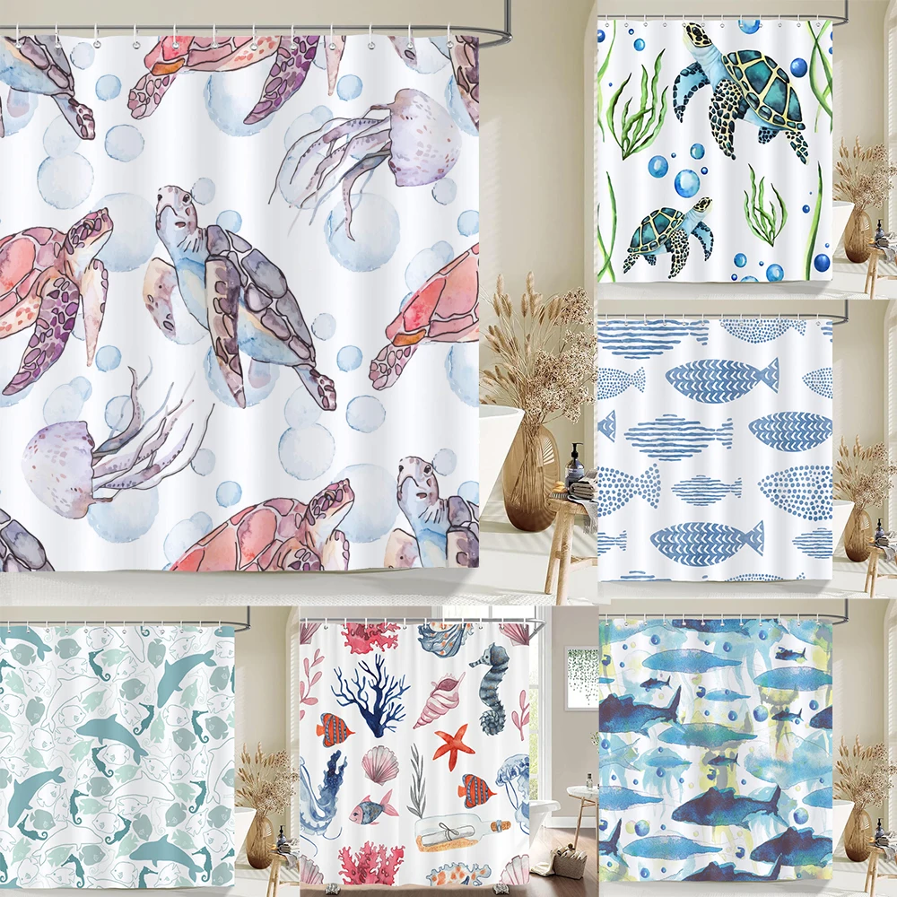 

1 pack Cartoon turtle,dolphin,whale printing shower curtain partition bathroom curtain with hooks home decorative curtain