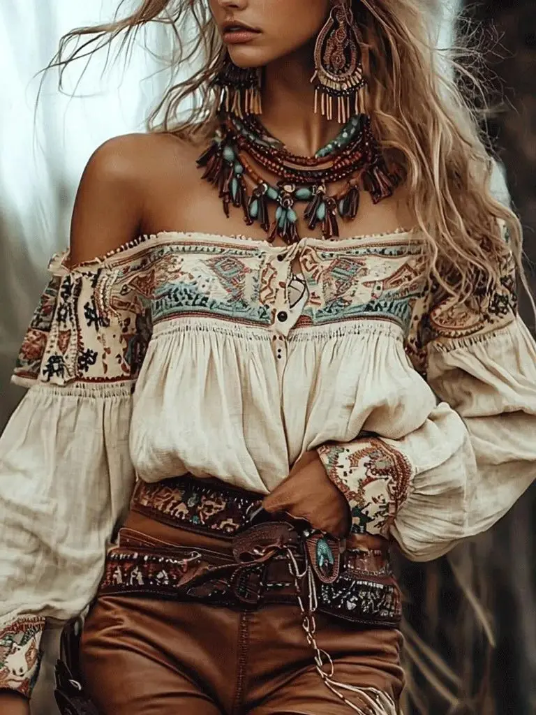 Chique Boheemse off-shoulder blouse met etnische stijl print lantaarnmouwen enkele rij knopen voor zomer herfst casual tops