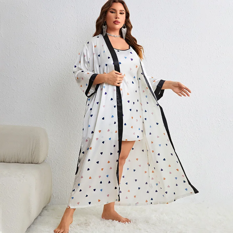 XL-5XL Big Size Nighty&Robe Set Women Bathrobe Gown Loungewear Summer Satin Kimono Sleepwear Nightgown Suit Rayon Home Dress