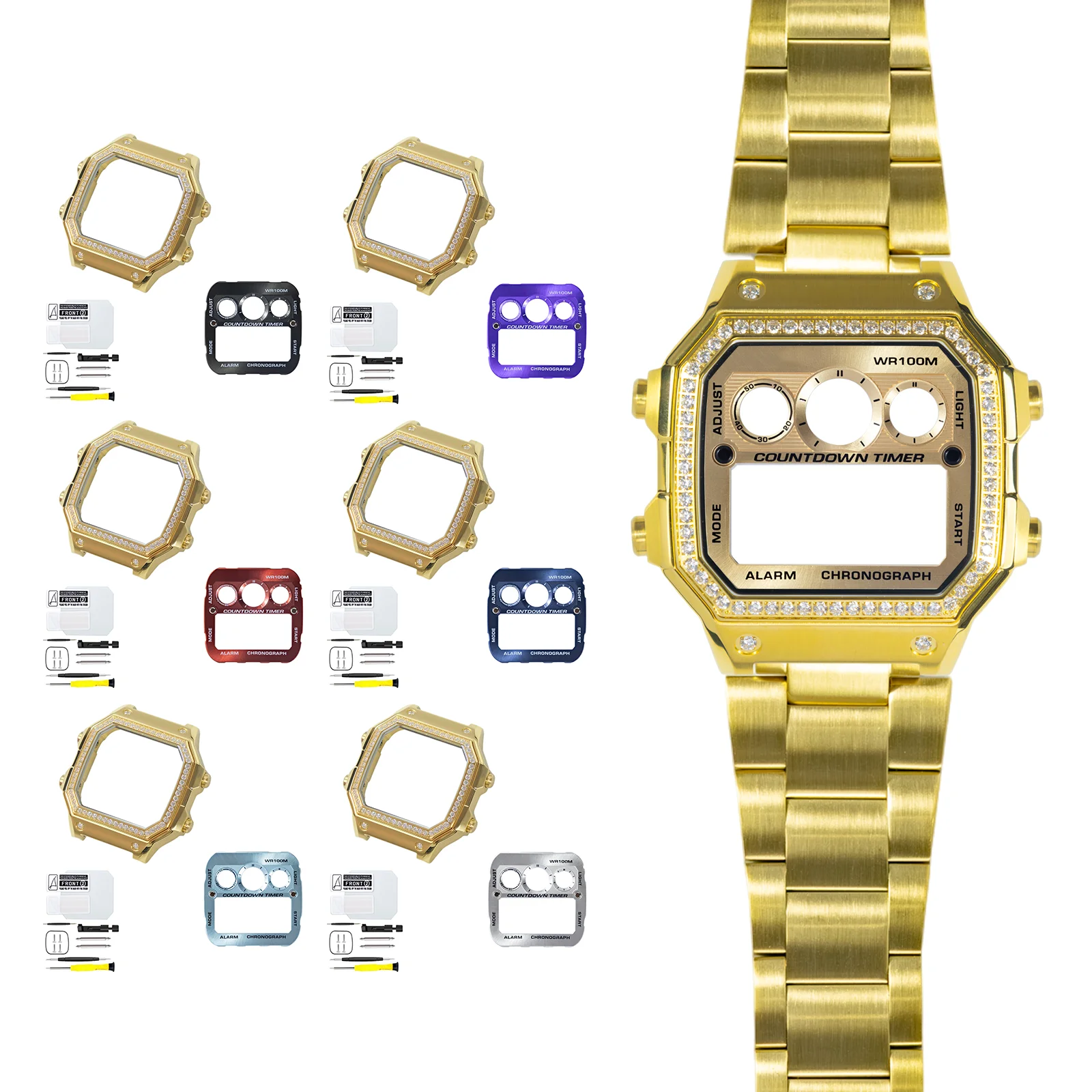 Premium 316LSS Watch Diamond Gold Case Dial Replacement Bezel for Casio AE1300 Mod Parts K1 Mineral with Install Tools