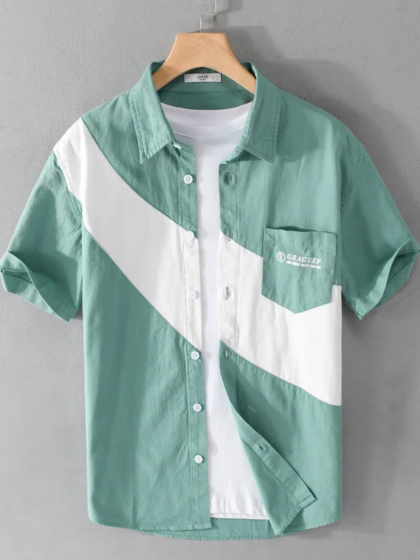 Color Block Cotton Shirt Men's Short Sleeve Loose Summer Fashion Hong Kong Style Trendy Half Sleeve  Summer Top