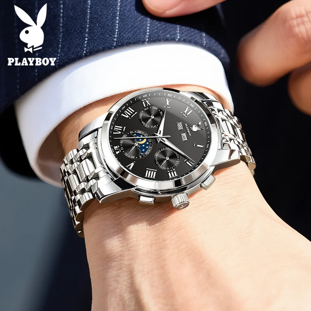 PLAYBOY 3096 Classic Mechanical Movement Watch Multi-function Dial Calendar Window 24-hour Moon Phase Luminous Waterproof Watch