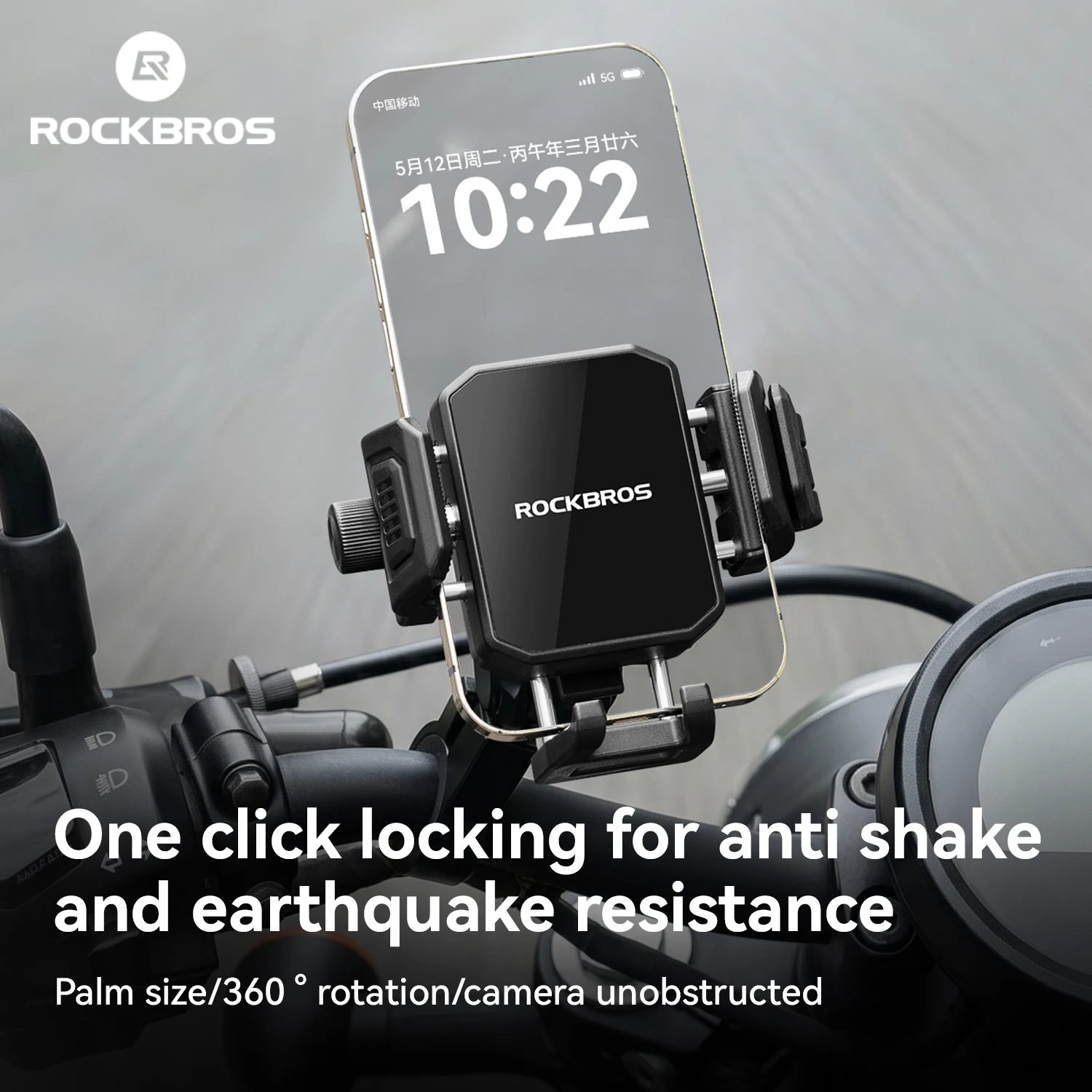 ROCKBROS Bicycle Phone Holder Shock‑Absorbing Mechanical Lock Phone Mount 360° Rotatable Folding No‑Block Camera Phone Holder