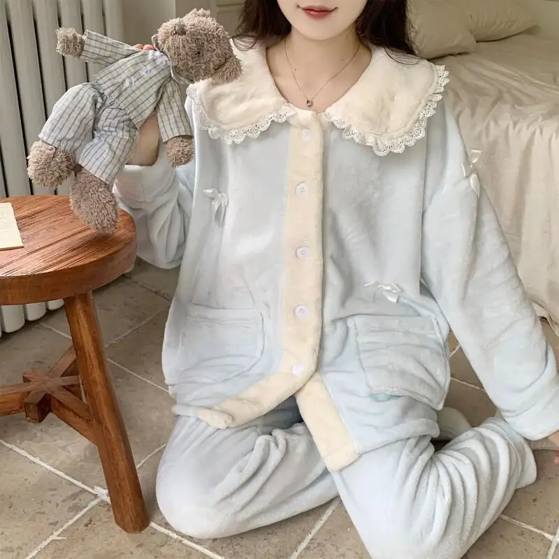 

New Hot Flannel Outdoor Pajamas Women Two Piece Set Coral Fleece Thickened Warm Autumn Winter 2026 Home Loungewear Cozy Style