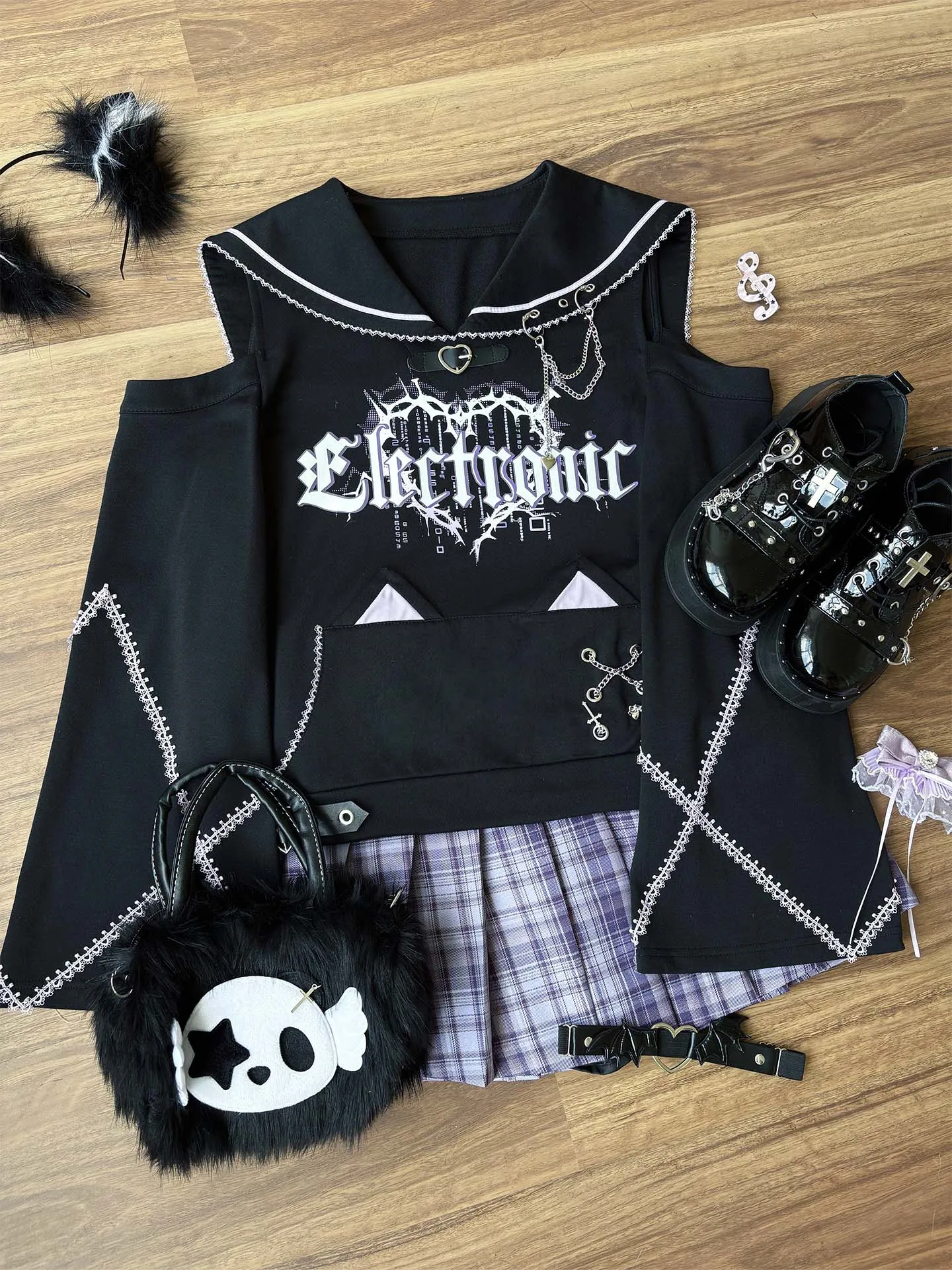 Autumn 2025 Heavy Industry Chain Sweatshirt Jacket Japanese Original Design Subculture Navy Collar Off-Shoulder Loose To Hoodies