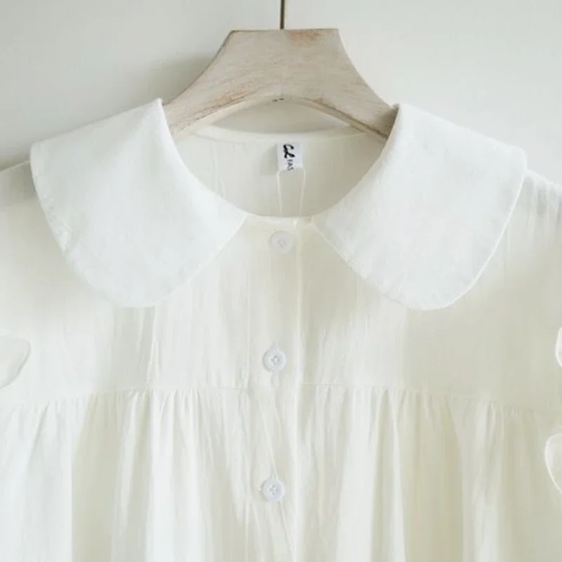 Girls' 2026 Summer Shirt Big Kids Doll Collar Pure Cotton Short Sleeve Blouse Solid Color Casual Top for School Daily Wear​ 3