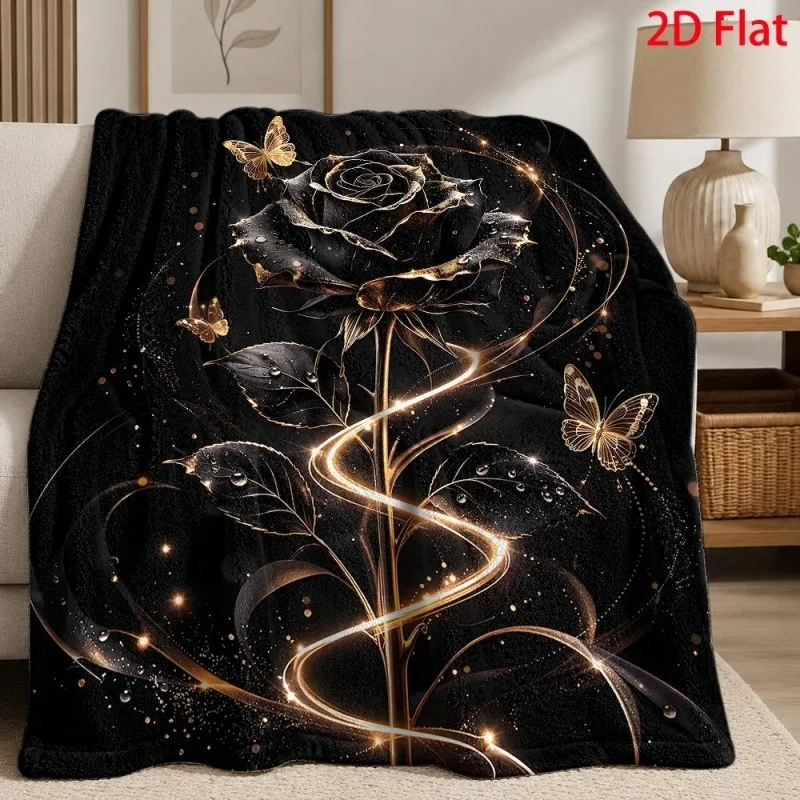 Black Golden Rose Butterfly Glowing Print Flannel Throw Blanket, Dark Aesthetic Floral Art Pattern Soft Blanket