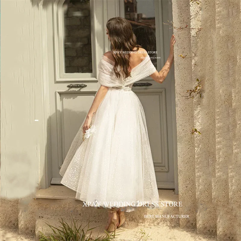 XPAY 2023 Glitter Dotted Tulle Wedding Dresses For Woman Off the Shoulder Sleeves Belt Tea Length Civil Bridal Gowns Lace Up