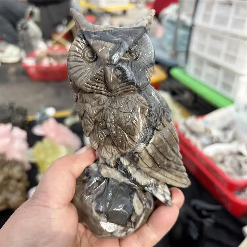 Natural Volcanic Agate Owl Carving Healing Reiki Figurine Crystal Carving Statue Crafts Home Decorat Gift 1PCS