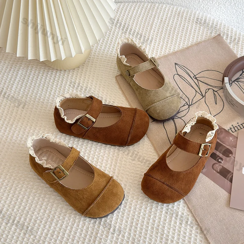 

Girl Princess Shoes 2025 Spring Autumn Fashion Lace Non Slip Mary Jane Shoes Lightweight Comfortable Buckle Strap Casual Flats