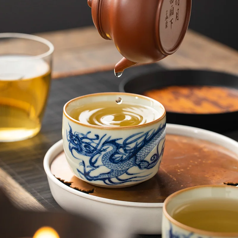 115ml Ru Kiln Blue And White Dragon Pattern Master Cup Singl Personal High end Tea Cup Exquisite Tasting Cup KungFu Tea Set