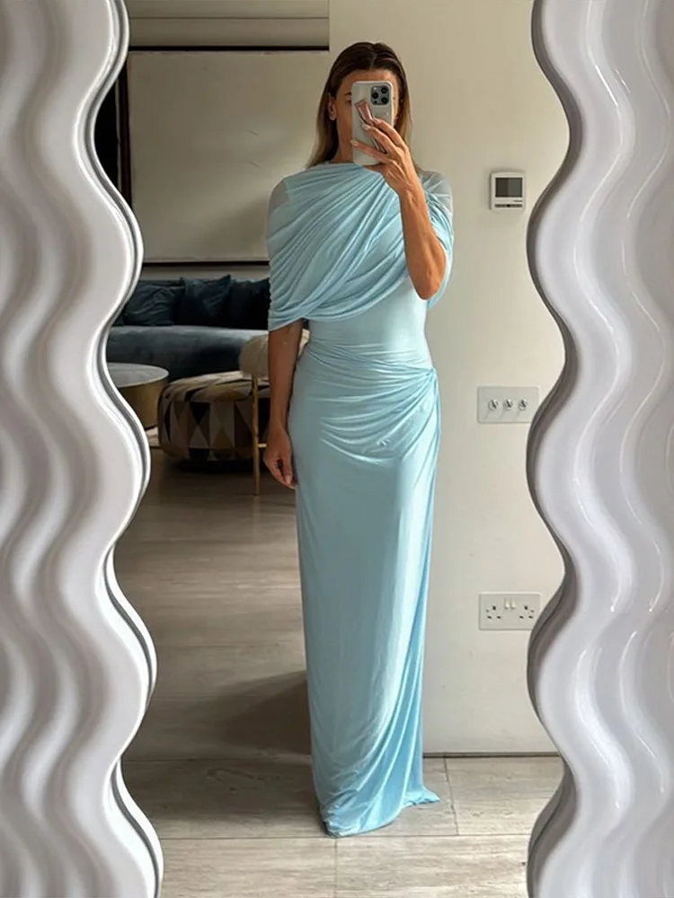 Xale plissado envolto vestido feminino estilo capa em camadas fino ajuste elasticidade cintura cinched robes sexy malha praia vestidos longos verão