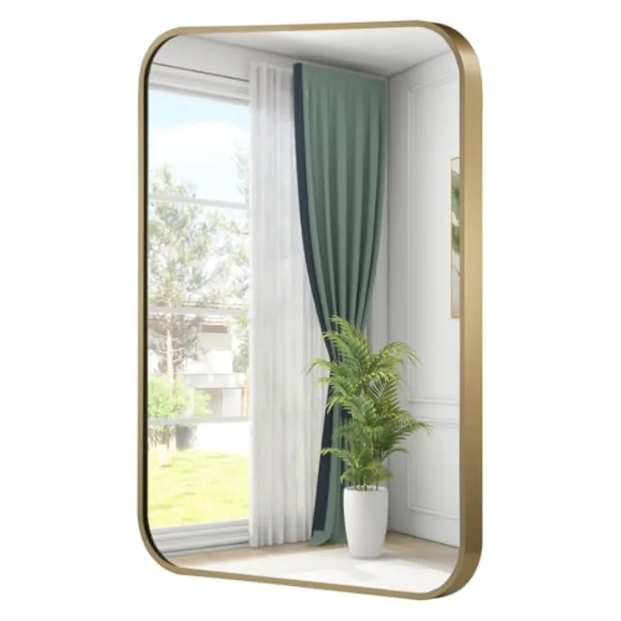 

Gold Mirror 22x30 Inch Framed Rectangle Mirror with Rounded Corner Brushed Brass Mirror Gold Bathroom Mirror for Over Sink Vani