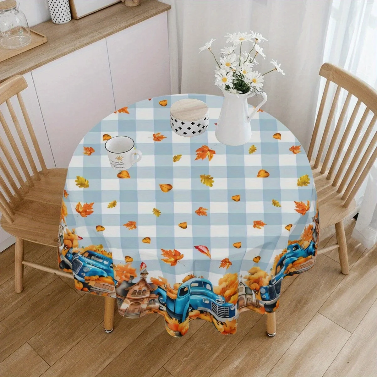 One-piece set - Autumn round tablecloth - 60 inches in diameter - Polyester material - Pumpkin and maple leaf patternzyc
