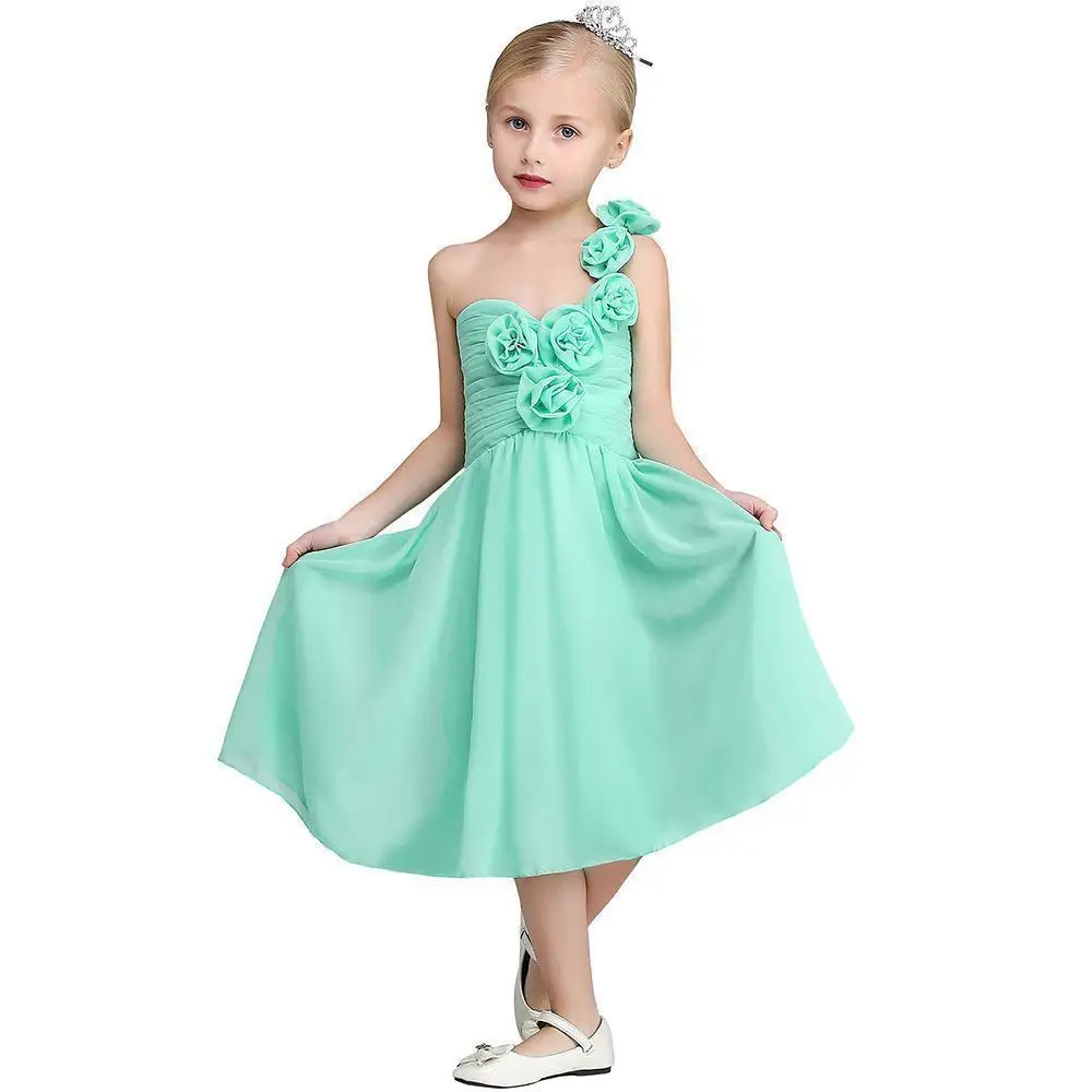 BABYONLINE Mint Green Flower Girl Dresses with One-Shoulder Floral Accent, for Kids Wedding Party & Special Occasions CPS420