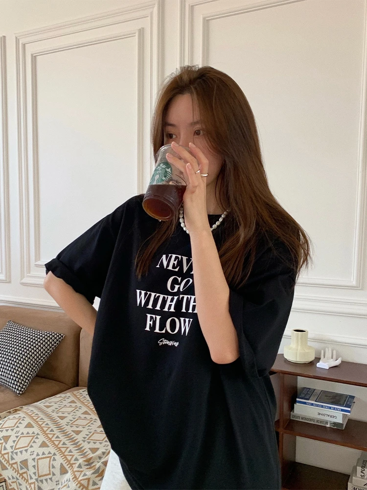 T-shirt rétro américain pour femme, été 2024, ample, long, imprimé, tendance, en coton, col rond, motif textuel