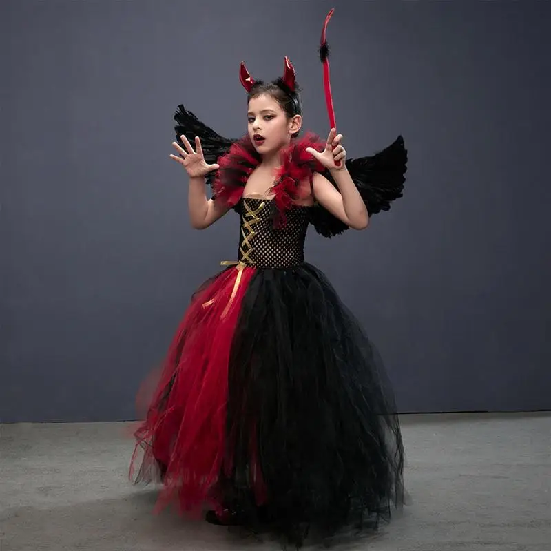 Angel And Devil Costumes For Girls Black And Red Halloween Devil Costume Set Black Angel Wings Devil Wand And Devil Horn