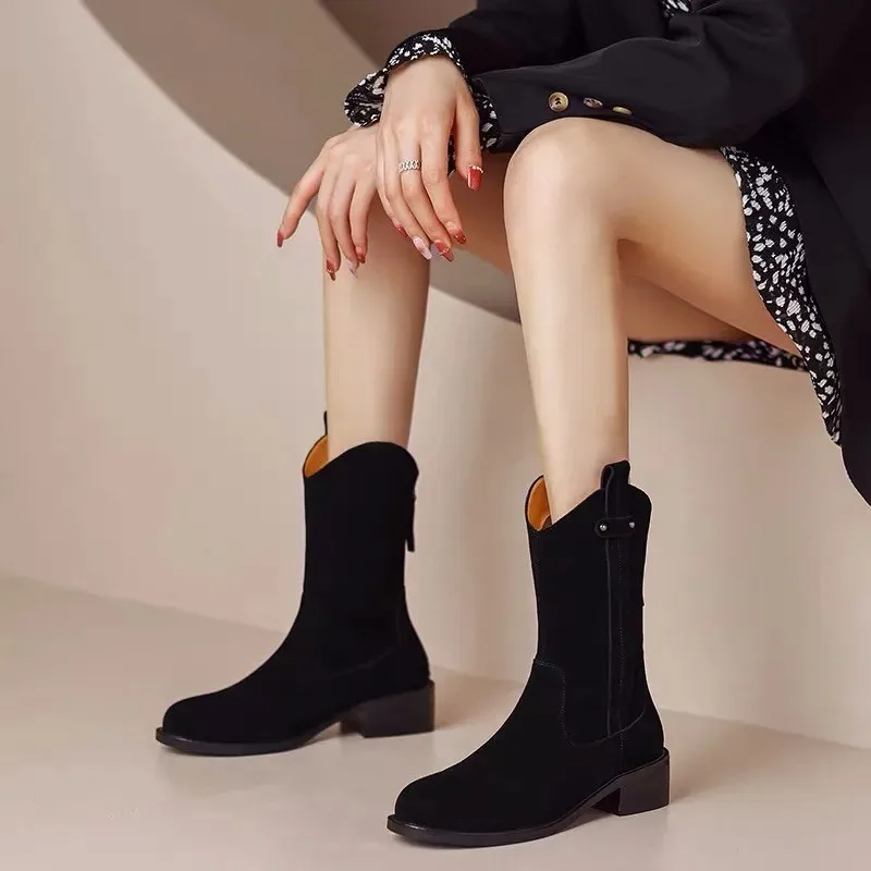 Women Boots Pointed Toe Suede Chelsea Boots Autumn Winter 2023 New Wedge Heel Western Cowboy Boots Slip-On Ankle Boots Wholesale