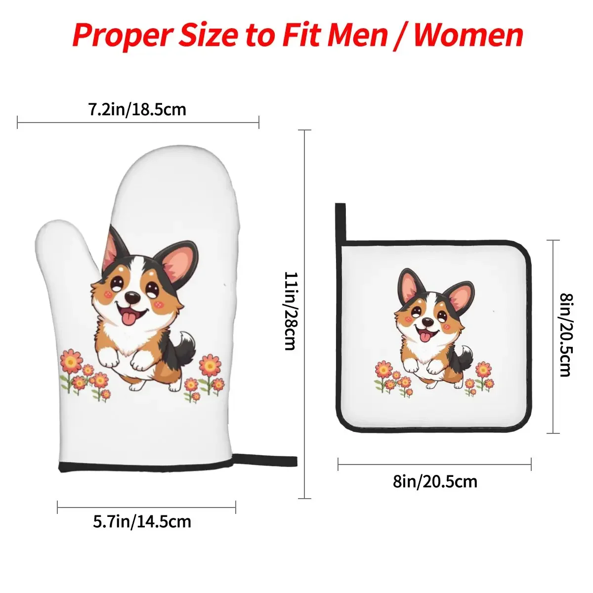 Kawaii Tricolor Corgi In The Garden Oven Mitts and Pot Holder Sets of 4 for Baking Kitchen Cooking Grilling Resistant Gloves