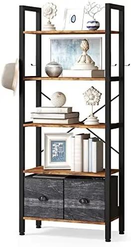 

5-Tier Bookshelf with 2 Drawers, Industrial Display Standing , Rustic Wood with Metal Frame, Open Room, Bedroom, Home Offic