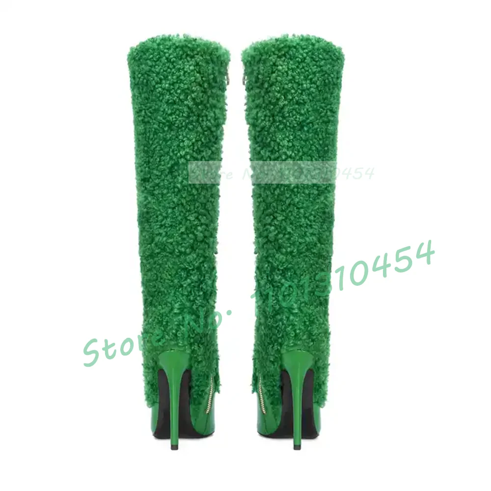 Green Wool Leather Splicing Boots Women Stylish Pointy Toe Knee High Boots Sexy Ladies Stiletto High Heel Side-zipper Dress Shoe