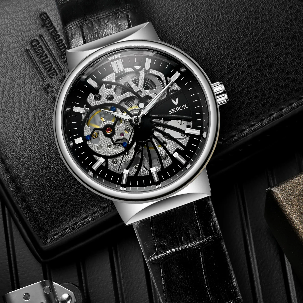 SKROX Vintage Skeleton Mann Uhr Dünne Mechanische Leuchtende Männliche Armbanduhren Original Top Marke Luxus Uhrwerk reloj hombre