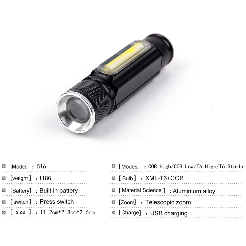 USB Rechargeable Flashlight High Lumen Flashlights with COB Side Light Work Light Super Bright Torch Waterproof for Outdoor