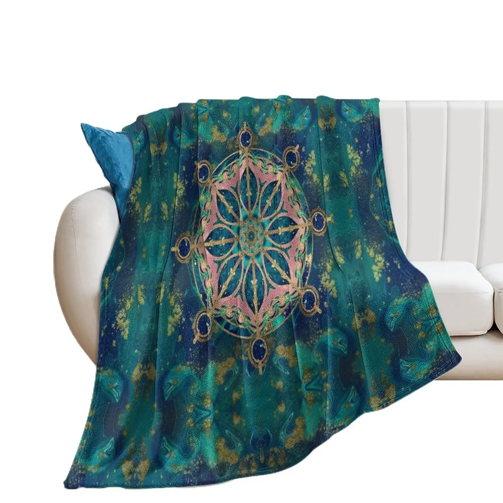 

Dharma Wheel - Dharmachakra Gemstone & Gold Throw Blanket Giant Sofa Decoratives heavy to sleep blankets ands Blankets