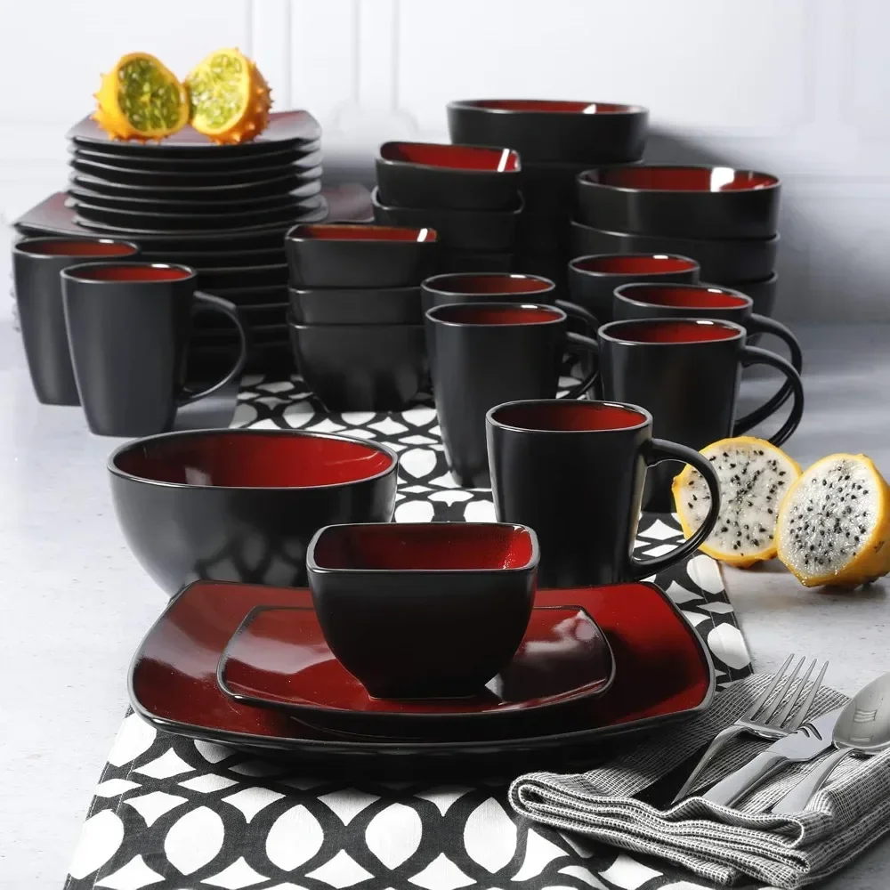 Square Reactive Glaze Stoneware Dinnerware Set, Service for 8 (40pc), Red/Black