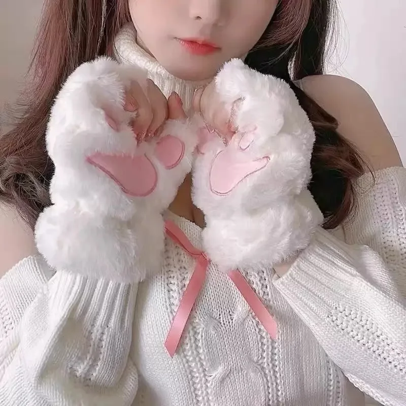 1 pair cute cat paw half-finger plush gloves, thickened and warm gloves with exposed fingers for autumn and winter seasons