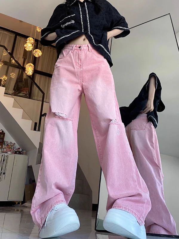 

Розовые джинсы с эффектом потертости и дырками, в американском стиле, мужские, свободные, прямые, расклешенные, молодежные, модные, хлопковые