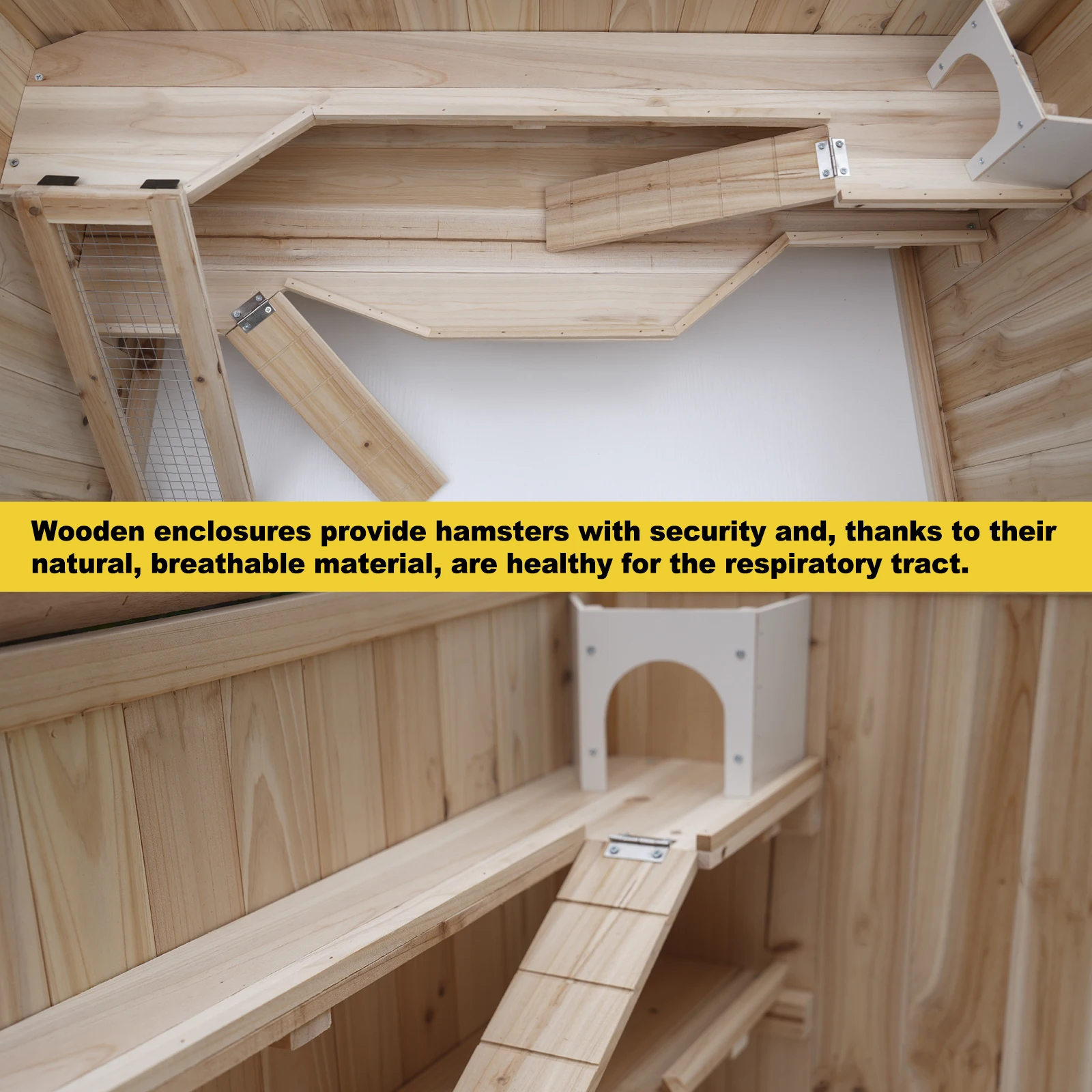 Large Wooden Hamster Cage with Acrylic Windows, Multi-Level Small Pet Habitat with Deep Tray, Ventilated Hutch for Syrian Dwarf Hamsters, Rabbits, Guinea Pigs, Chinchillas view 7