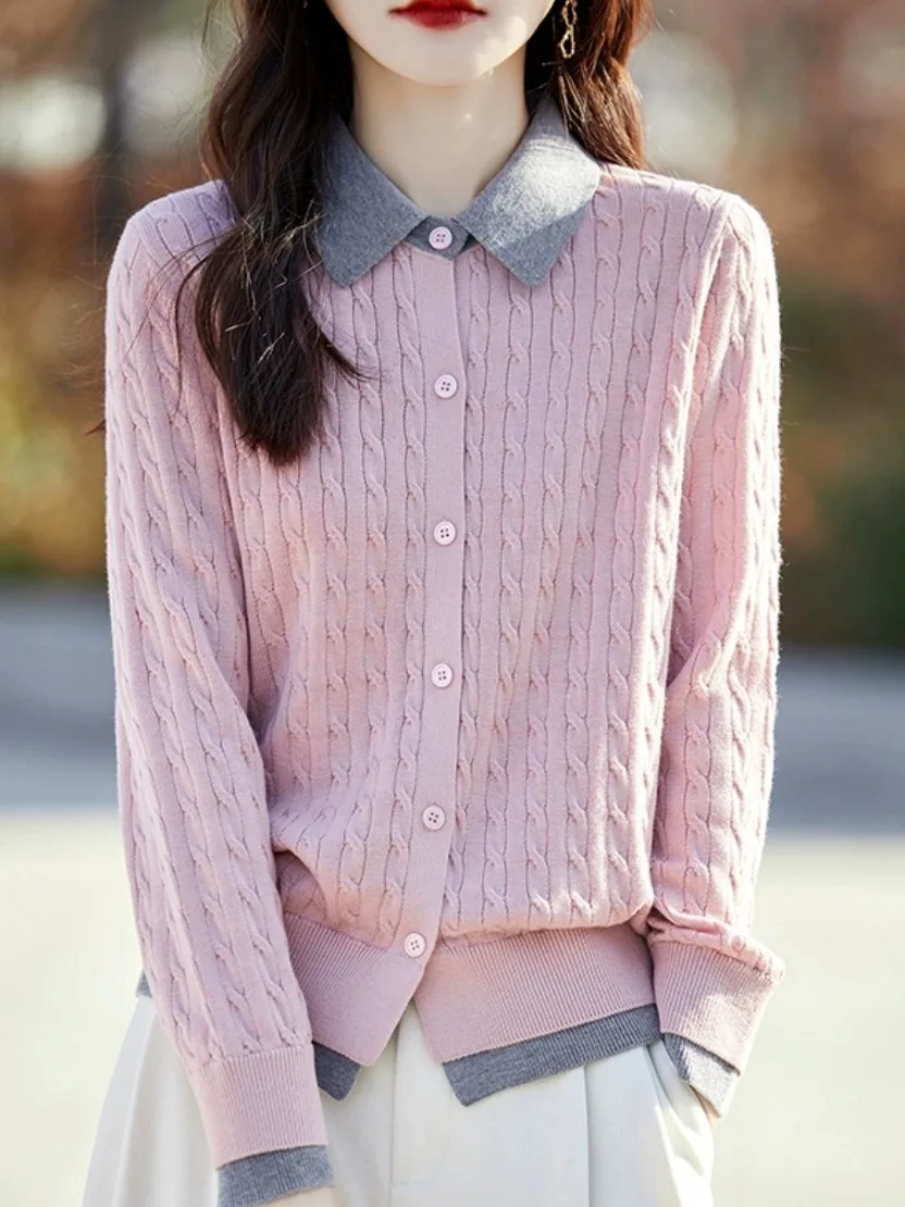 

Ele Collar Long Sve Women's Knitted Cardigan Soft Camere Polyester Blend Comfortable Breathable Daily Wear