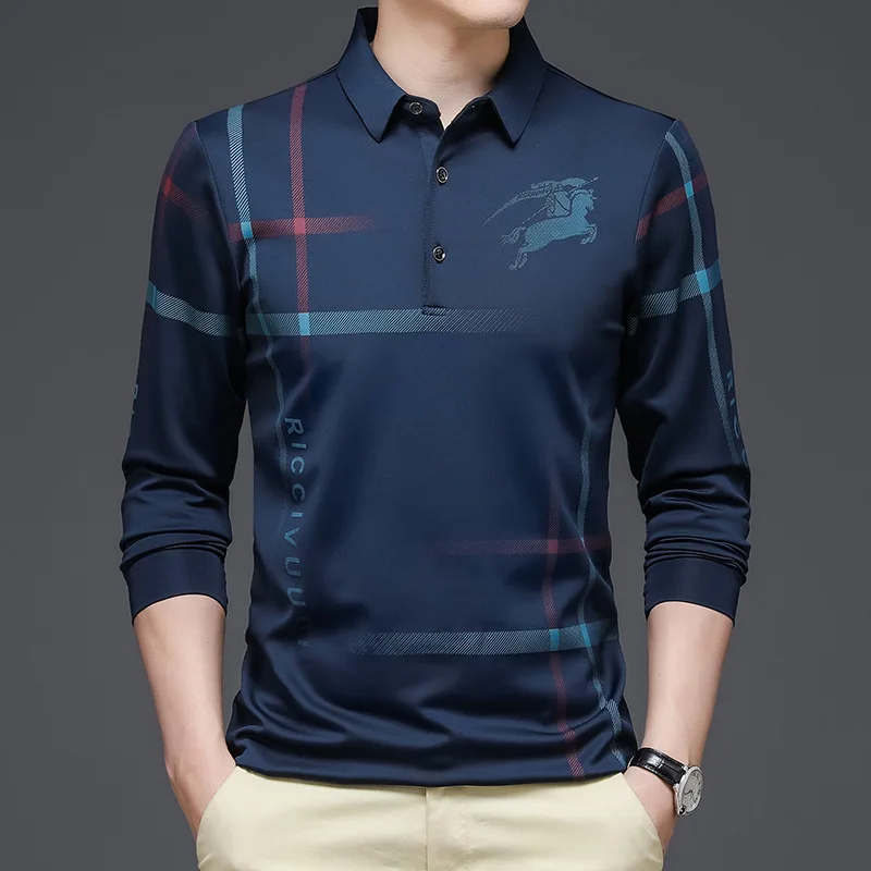 2023 New Style Men\'s Long Sleeved T-shirt Lapel Business Casual Long Sleeved Polo Shirt