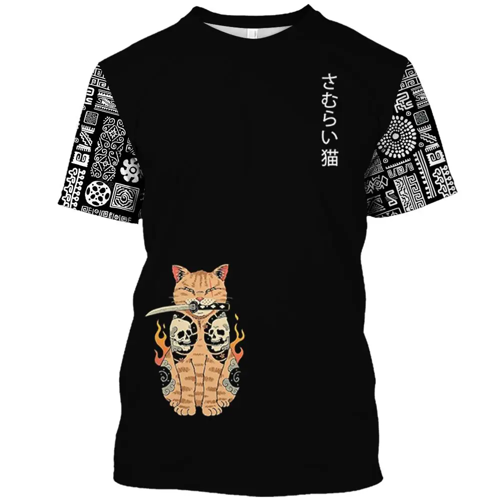 Cartoon Anime Samurai Cat Printed T Shirt For Men Outdoor Hip Hop Harajuku Vintage Clothes Casual O-neck Loose Short Sleeve Tees