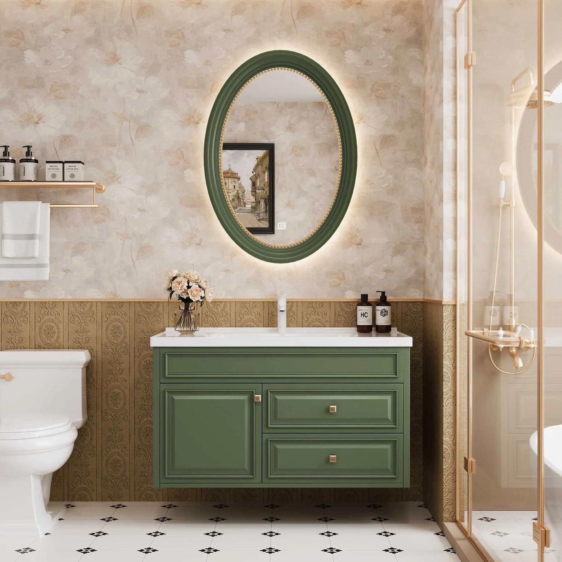 French New Green Bathroom Cabinet Smart Mirror Combination Integrated Ceramic Basin Solid Wood Bathroom Bathroom Cabinet
