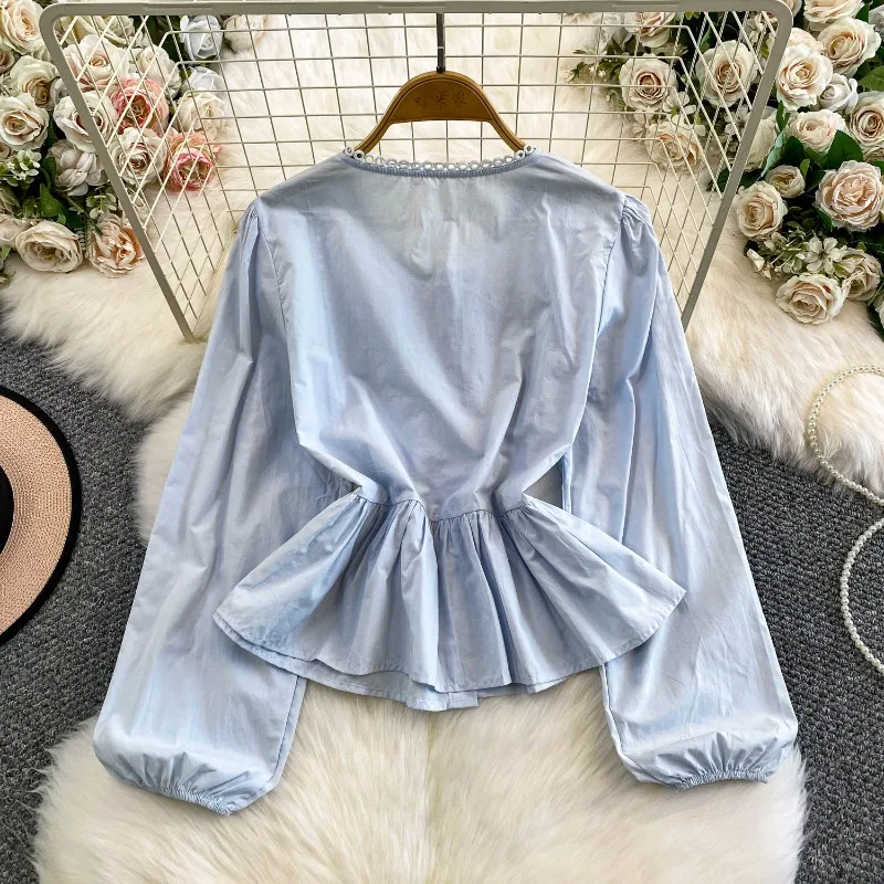 بلوزات حلوة تفريغ الدانتيل الصلبة ربيع الخريف امرأة قمصان الكورية موضة أنيقة شيك الكشكشة Blusas Mujer