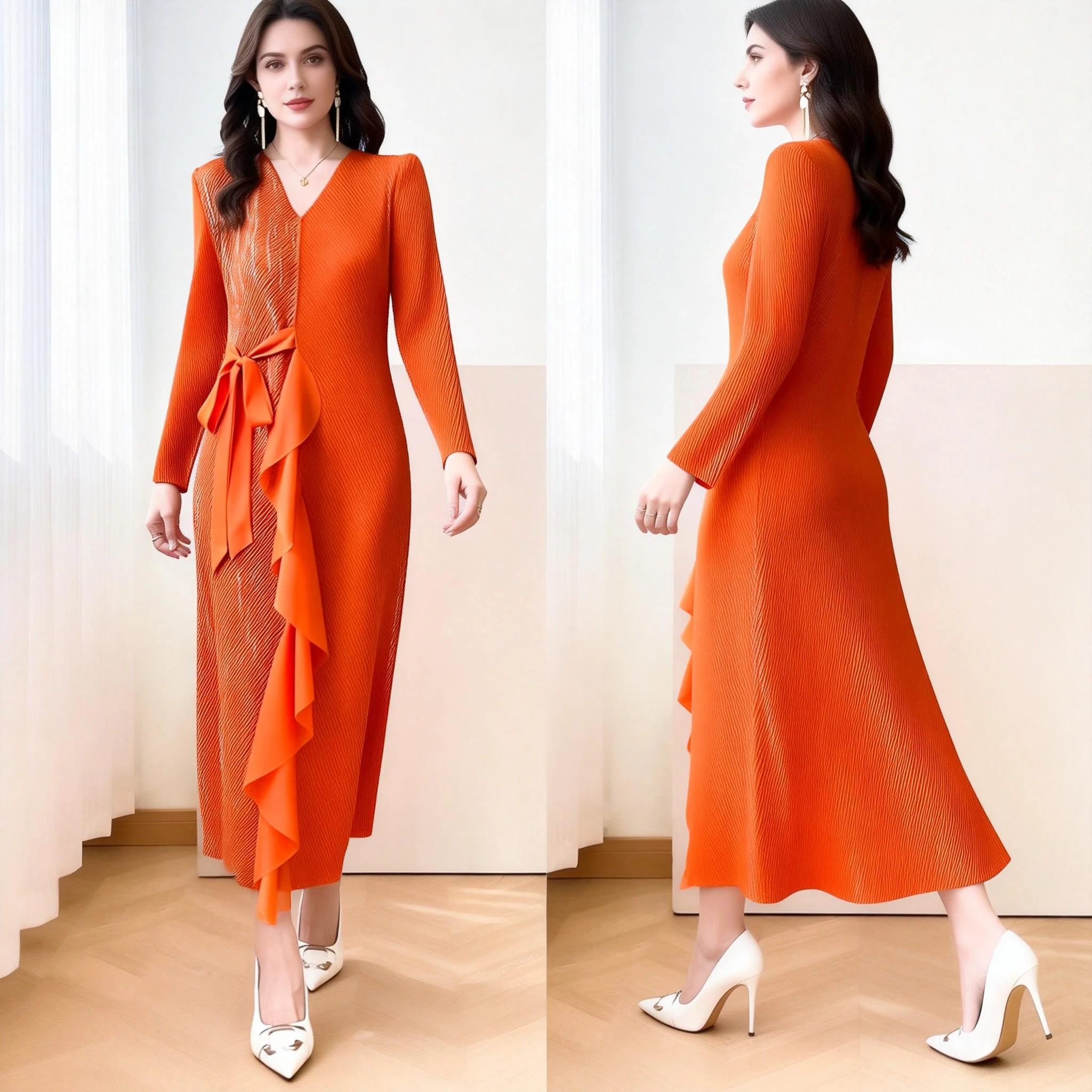 

Miyake High End Gold Foil Strip Decorative Women's Pleated Dress V-Ncek Long Sleeves Elegant Dresses 2026 Winter News Tide S2959