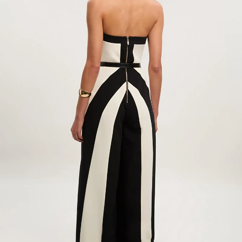 

Women Sexy Sleeveless Backless Long Pants Romper Elegant Off Shoulder Hollow Jumpsuit Elegant Color Blocking High Waist Playsuit