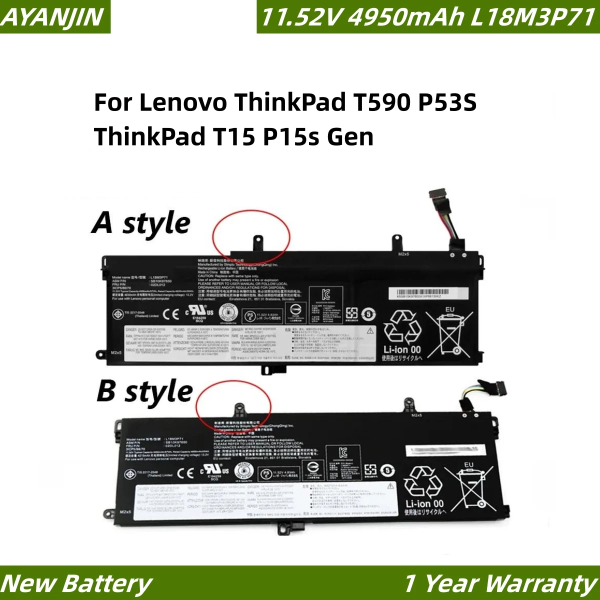 Bateria do portátil para Lenovo ThinkPad, ThinkPad T590, P53S, ThinkPad T15, P15s Gen 1, 2, L18L3P71, L18S3P71, L18S3P71, L20D3P71, TP00104C, 11.52V, 57WH