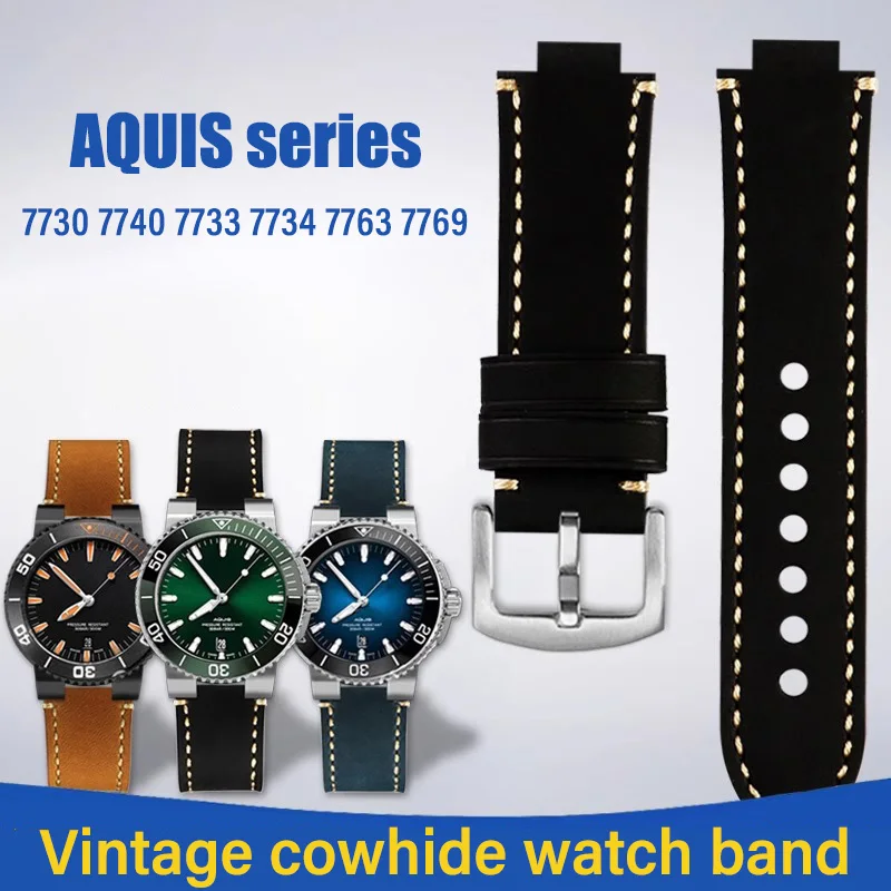 Vintage cowhide watch band For Oris AQUIS series 7730 7740 7733 7734 7763 7769 Men modification bracelet strap watch accessories