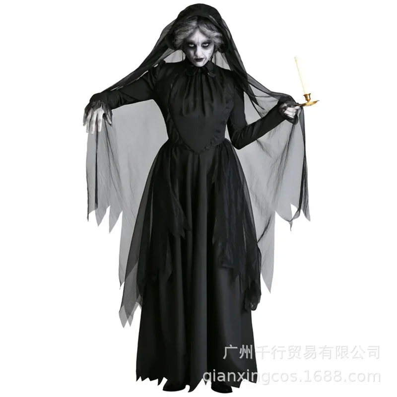 Horror Cosplay Witch Women Scary Zombie Vampire Halloween Carnival Costume Spooky Ghost Medieval Hooded Cape Day of The Dead