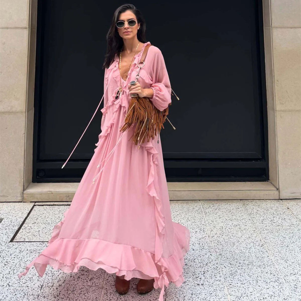 2025 em camadas decoração plissado colarinho doce temperamento manga longa vestido solto verão nova chegada roupas femininas