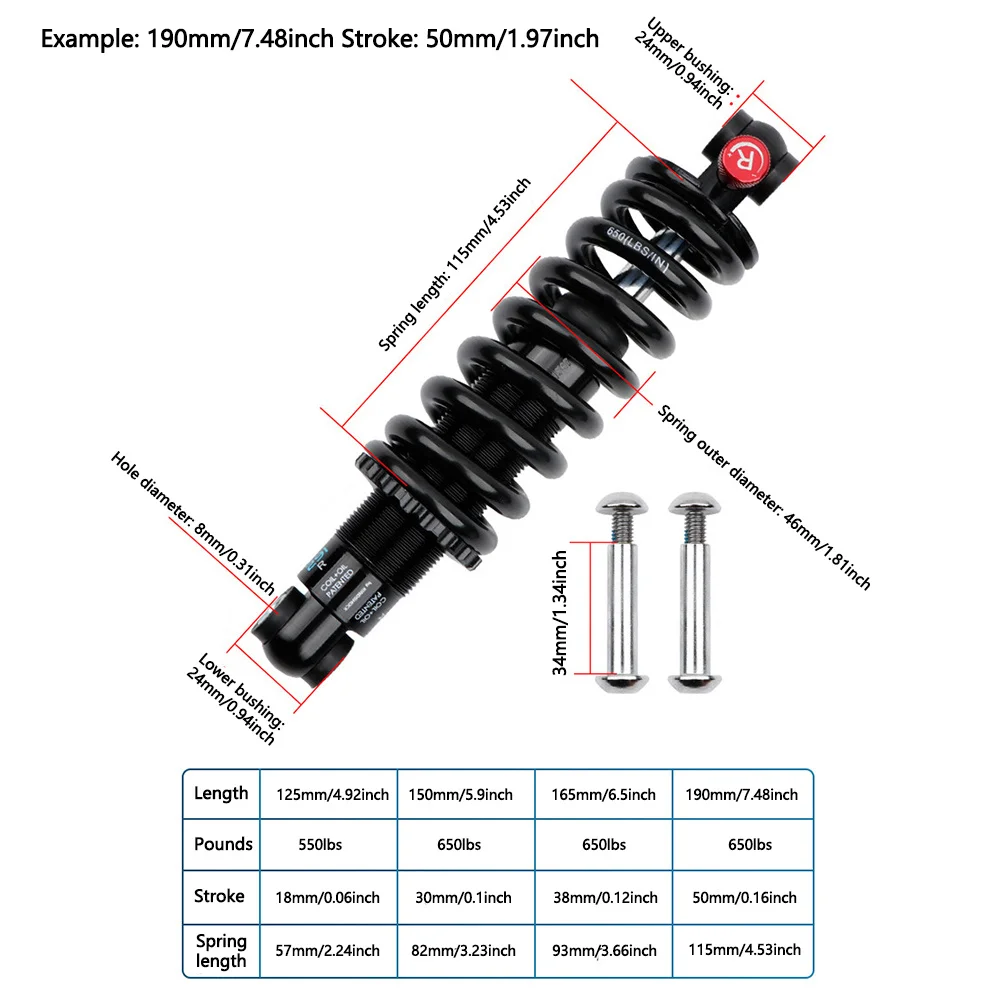 Adjustable Damping Hydraulic Rear Shock Absorber MTB Coil+Oil Shock For E-Bike 125/150/165/190mm 550/650LBS Suspensions Damper