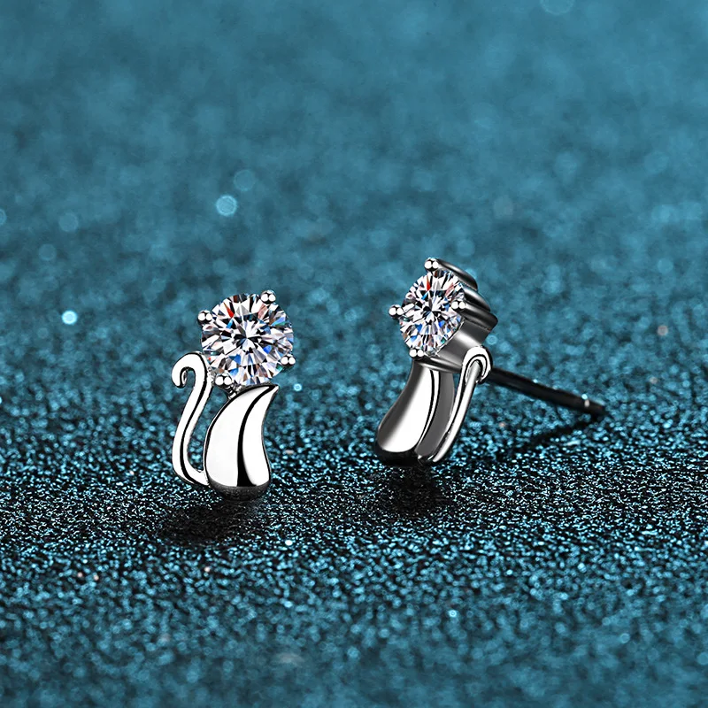 JECIRBurgos-Boucles d'oreilles à tige Moissanite pour femme, argent regardé 925, plaqué or PT950, chat mignon, tempérament, bijoux d'oreille à la mode, 0,3 ct